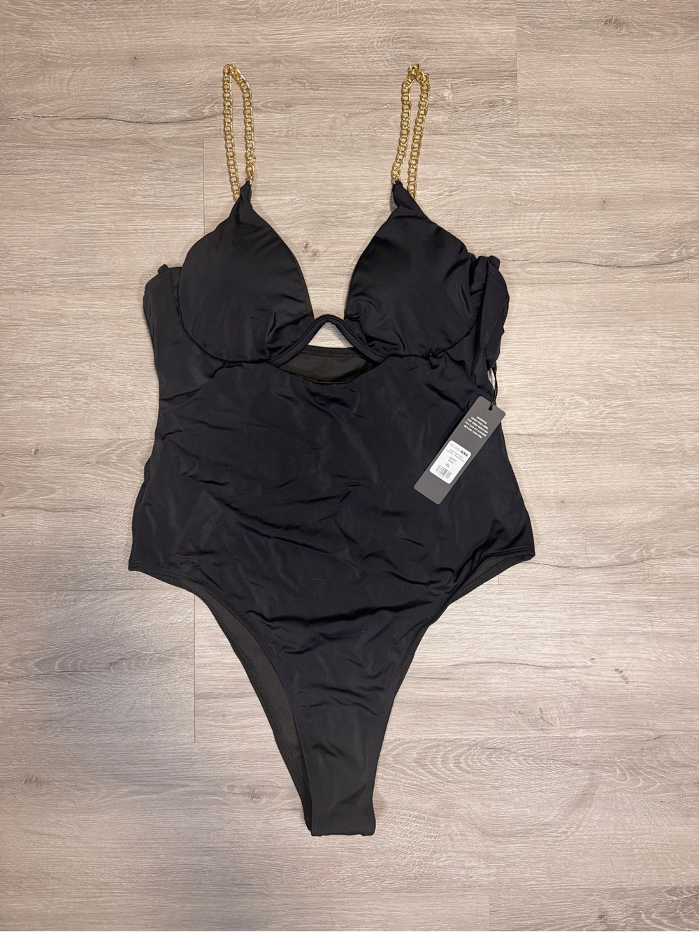 Fashion Nova Black One-Piece Swimsuit with Gold Chain Straps